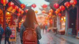 Fototapeta Uliczki - China food market street in Beijing. Chinese tourist walking in city streets on Asia vacation tourism. Asian woman travel lifestyle panoramica banner