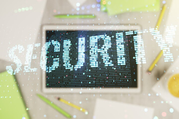 Poster - Cyber security creative concept and modern digital tablet on background. Double exposure