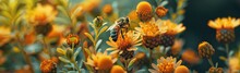 A Macro View Of Several Bees On Top Of Many Orange And Yellow Colors And Hectic Flowers With A Green Background.