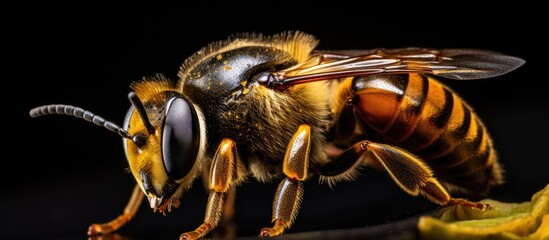 Poster - A close up of an arthropod bee on a branch against a black background. This insect is a crucial pollinator, captured using macro photography