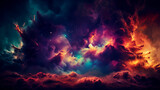 Fototapeta  - Vibrant shades of blue,purple,red and orange blend in a dramatic and dynamic celestial scene reminiscent of a fog.Stars pepper the canvas,giving the impression of a vast,cosmic expanse.AI generated.