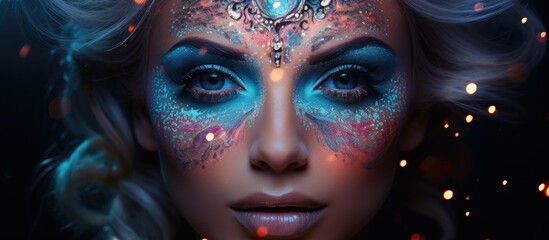 Poster - A close up of a woman with electric blue eye shadow on her eyelids, creating a symmetrical and artistic look. She resembles a fictional character from a CG artwork in a dark and mysterious setting