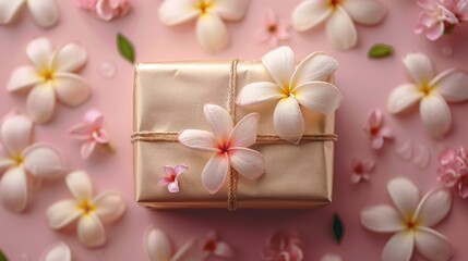 Poster -  a present wrapped in gold paper with white flowers on a pink background with petals of pink and white orchids.