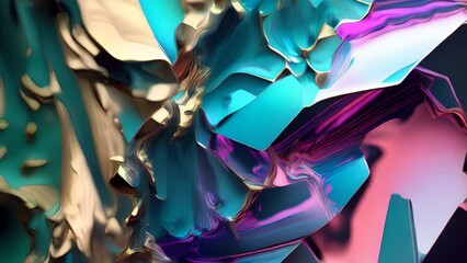 Poster - Abstract background with free 3D golden shapes, flowing and melting in surreal motion. Soft splashing abstract forms background with blue and purple crystal inclusion