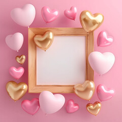 Sticker - A white frame with a pink background and a bunch of gold and pink balloons surrounding it. The balloons are arranged in a way that they form a heart shape