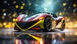 Modern futuristic race car on dynamic cosmic abstract space background. Car close up on dark background with bokeh