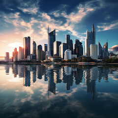 Sticker - A city skyline reflected in a calm river. 