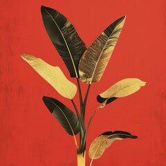 Wall Mural - Painting of a plant with green leaves against a vibrant red background