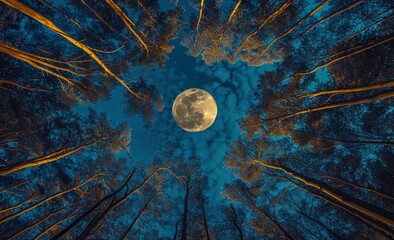 Wall Mural - The full moon shines in the sky, capturing an aerial view of the forest at night.