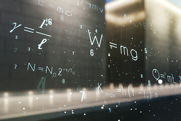 Poster - Double exposure of scientific formula hologram on modern business center exterior background, research and development concept