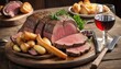 gourmet sunday roast beef traditional british meal set on old wooden pub table