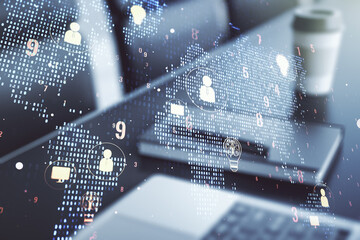 Poster - Double exposure of social network icons concept with world map and modern laptop on background. Marketing and promotion concept