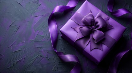 Wall Mural -  a purple gift box with a purple ribbon on a purple and black background with a purple bow on top of it.