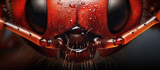 Sticker - Closeup of an arthropods face, an ant, with water drops on its metallic exoskeleton. The intricate patterns on its font resemble automotive lighting reflections, resembling a mini drinkware