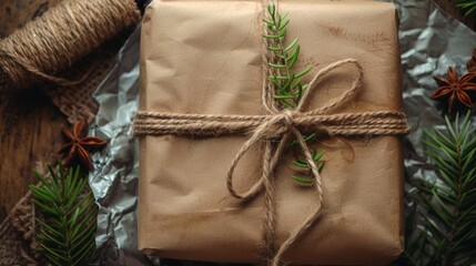 Wall Mural -  a wrapped present sitting on top of a table next to twine of twine and twine of twine.