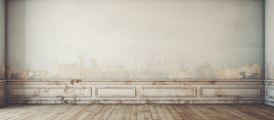 Poster - An empty room with hardwood floors under a white wall, offering a serene view of the foggy city skyline through the misty haze