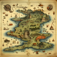 Sticker - Ancient map with mythical creatures and landmarks.