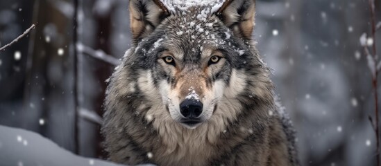 Wall Mural - A close up of a Canis lupus wolf in the snowy landscape, staring directly into the camera with its carnivorous snout and fur visible