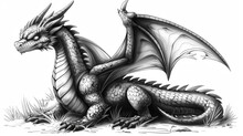  A Black And White Drawing Of A Dragon Sitting On The Ground With Its Wings Spread Out And Its Eyes Closed.