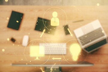 Aufkleber - Double exposure of social network icons concept with modern laptop on background. Marketing and promotion concept