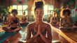 A captivating banner advertises a yoga studio with images of diverse people practicing yoga together