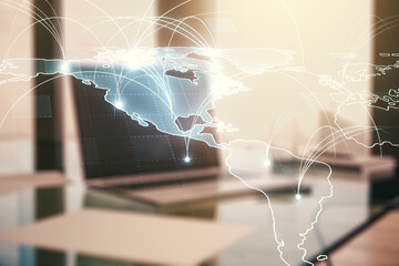 Poster - Double exposure of abstract digital world map with connections on computer background, big data and blockchain concept