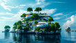 Sustainable Futuristic City Architecture, Artificial Floating Island in the Sea. Modern Luxury, Biotech Green Design. New Energy Sources. Addressing Ecology, Climate Change, Overpopulation, Ocean Rise