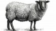  a black and white drawing of a sheep standing in a grass field with it's head turned to the side.
