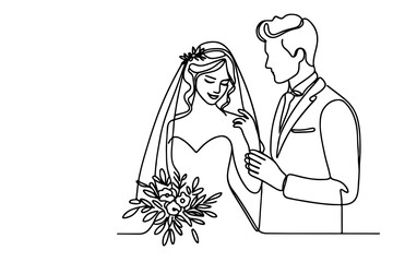 One continuous single drawing black line art doodle wedding couple bride and groom outlne vector illustration on white background