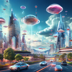 Canvas Print - Futuristic city skyline with flying cars and holograms