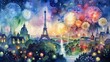 Paris skyline with fireworks and Eiffel Tower - Scenic watercolor depiction of Paris skyline with bursting fireworks behind the Eiffel Tower