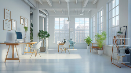 Wall Mural - office with natural sunlight streaming in through large windows, white tones with blue uplighting and other natural wood furniture