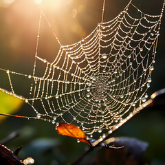 Wall Mural - Macro shot of a dew-covered spider web.