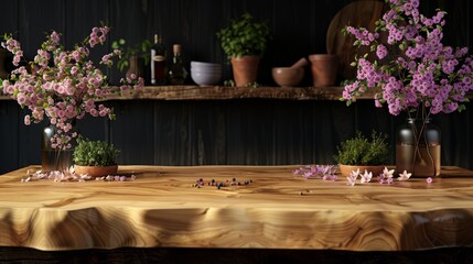 Wall Mural -  a wooden table topped with potted plants next to a shelf filled with potted plants and other potted plants.