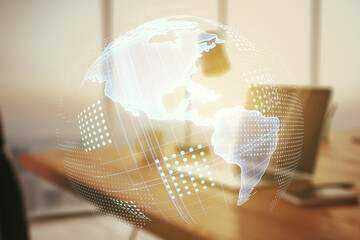 Poster - Double exposure of graphic America map on computer background, big data and digital technology concept