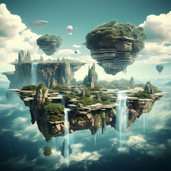 Wall Mural - Surreal digital art with floating islands and waterfalls