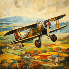 Sticker - Vintage biplane flying over a patchwork landscape. 