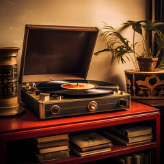 Canvas Print - Vintage record player with vinyl records. 