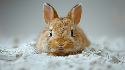 Wall Mural -  a close up of a small brown rabbit on a white blanket looking at the camera with a curious look on its face.