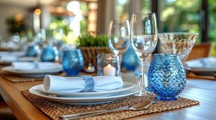Wall Mural -  a wooden table topped with a blue vase filled with water and a plate with a napkin on top of it.