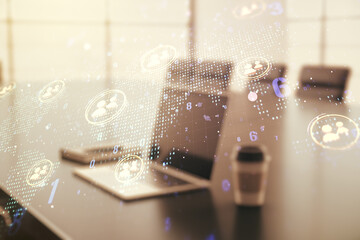 Poster - Double exposure of social network icons concept with world map and computer on background. Networking concept