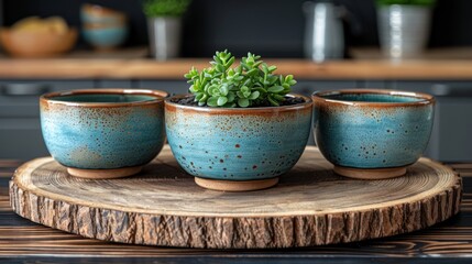 Wall Mural -  three small blue pots with a small green plant in them on a wooden tray in front of a kitchen counter.