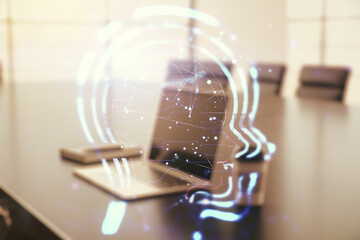 Poster - Creative artificial Intelligence concept with human head sketch on modern computer background. Double exposure