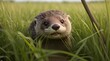 Otter with wide eyes gazing at the camera from a grassy field, surrounded by lush greenery.