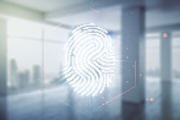 Aufkleber - Multi exposure of virtual creative fingerprint hologram on empty corporate office background, personal biometric data concept