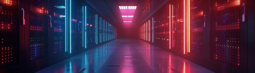 Poster - An advanced data facility features neatly organized server racks in a dimly lit environment, accentuated by vibrant LED lighting, highlighting the intricacies of information storage.