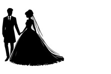 Silhouette Wedding Couple Bride And Groom Outlne Vector Illustration On White Background