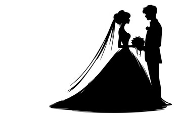 Wall Mural - silhouette wedding couple bride and groom outlne vector illustration on white background