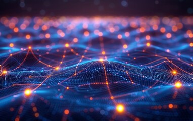 Aufkleber - Create a vibrant depiction of a multi-layered technological network with illuminated pathways connecting each node in a intricate and interwoven pattern.