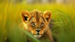 A curious lion cub peeks out from behind tall grass, its eyes filled with wonder, against a vibrant yellow backdrop.